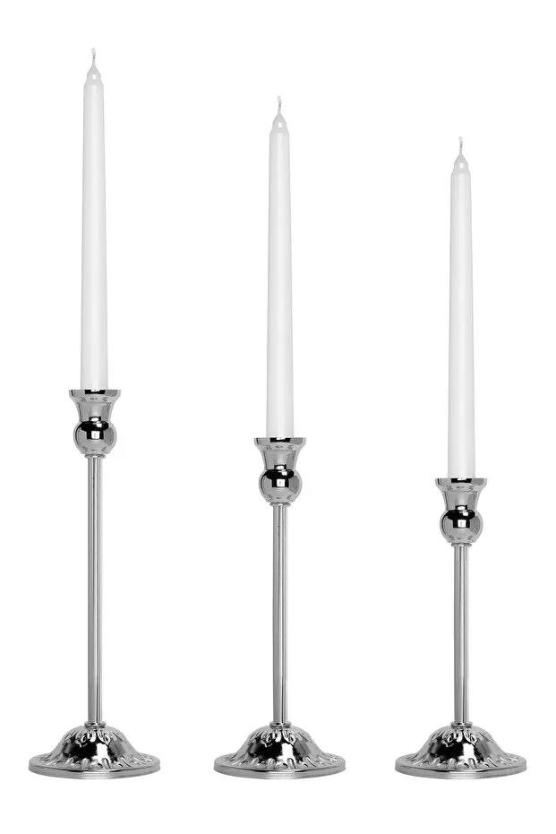 3'lü Gümüş Mumluk Takımı Dekoratif Ev Aksesuarı Paslanmaz Şamdan Seti